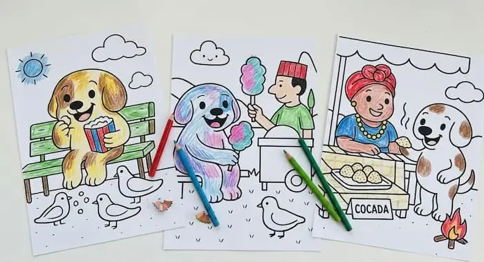 Páginas coloridas do livro Caramelo pelo Brasil — culinária brasileira