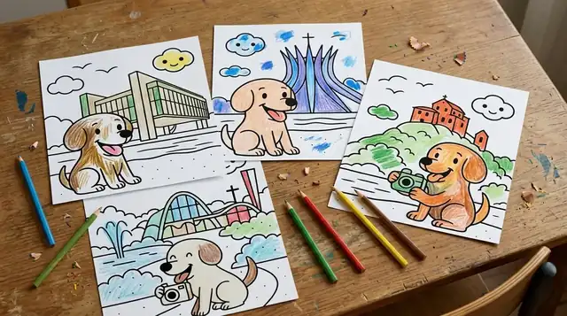 Páginas coloridas do livro Caramelo pelo Brasil — cidades brasileiras